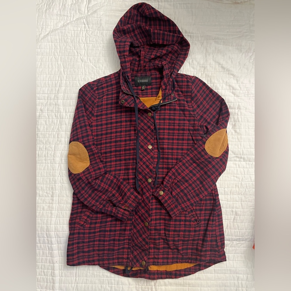 Blu Pepper Women's Full Zip Hooded Flannel Jacket Red Plaid Top Elbow Pa…